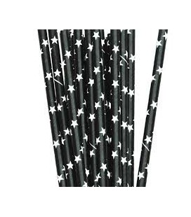 25 Pailles Papier Etoiles Noir