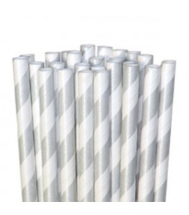 24 Pailles Papier Rayées Argentées