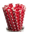 25 Pailles Papier Rouge à Pois Blancs