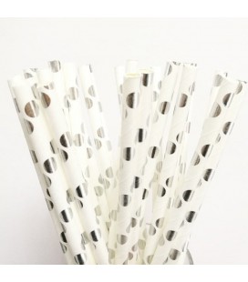 25 Pailles Papier à Pois Argent