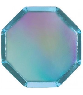 8 Holographic Blue Octagonal Dessert Plates