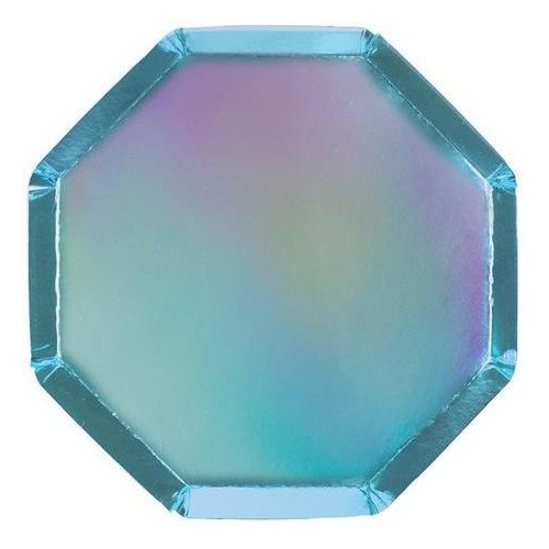 8 Assiettes Dessert Octogonales Bleu Holographique