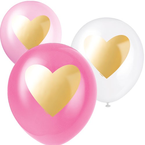 6 Luftballons mit goldenem Herz