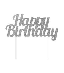 Silver Happy Birthday Cake Topper