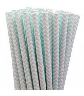 25 Pailles Papier Chevron Bleu Ciel