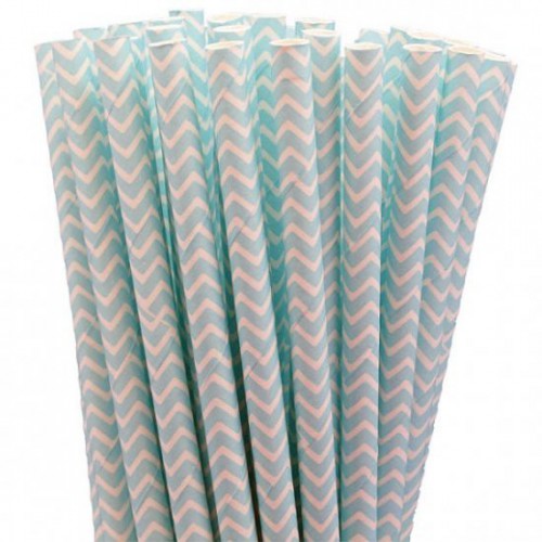 25 Pailles Papier Chevron Bleu Ciel