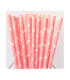 25 Pailles Papier Etoiles Rose