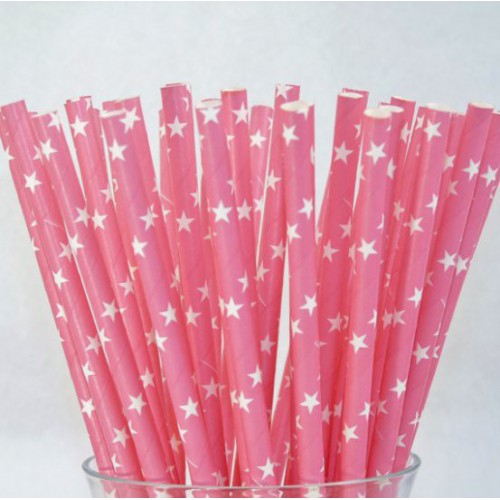 25 Pailles Papier Etoiles Rose Bubble Gum
